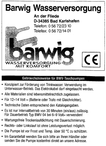 BARWIG Power Pumpe 22 l/min. , 1,4 Bar / Tauchpumpe / Knaus + Weinsberg Erstausrüster (R18030001)